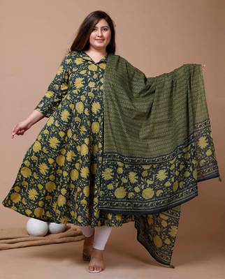Womens Plus Size Green Printed Cotton Anarkali Kurta & Dupatta 1