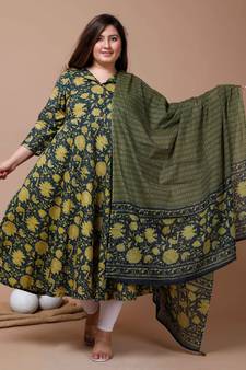 Womens Plus Size Green Printed Cotton Anarkali Kurta & Dupatta