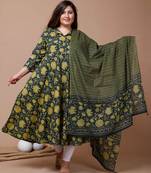 Womens Plus Size Green Printed Cotton Anarkali Kurta & Dupatta