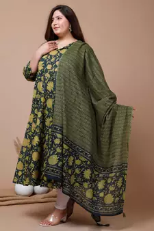 Womens Plus Size Green Printed Cotton Anarkali Kurta & Dupatta
