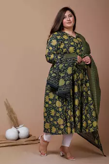 Womens Plus Size Green Printed Cotton Anarkali Kurta & Dupatta