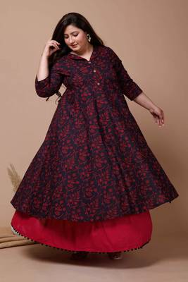 Womens Plus Size Maroon Floral Printed Anarkali Kurta 2