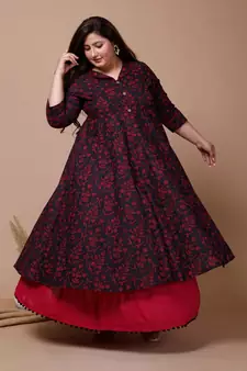 Womens Plus Size Maroon Floral Printed Anarkali Kurta