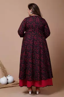 Womens Plus Size Maroon Floral Printed Anarkali Kurta