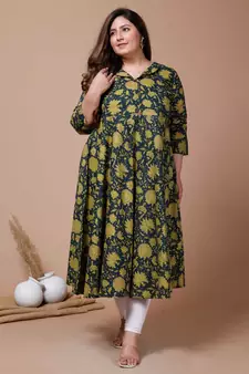 Womens Plus Size Green Floral Printed Anarkali Kurta