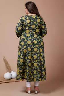 Womens Plus Size Green Floral Printed Anarkali Kurta