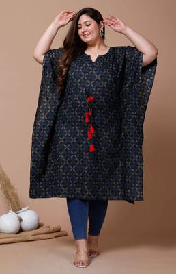 Womens Plus Size Blue Geomatric Printed Flared Sleeves Kaftan Kurta 1