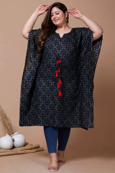 Womens Plus Size Blue Geomatric Printed Flared Sleeves Kaftan Kurta