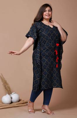 Womens Plus Size Blue Geomatric Printed Flared Sleeves Kaftan Kurta 2