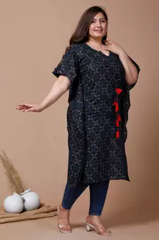Womens Plus Size Blue Geomatric Printed Flared Sleeves Kaftan Kurta