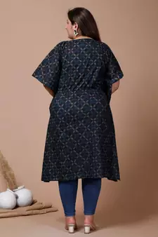 Womens Plus Size Blue Geomatric Printed Flared Sleeves Kaftan Kurta