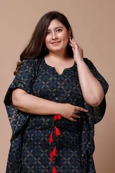 Womens Plus Size Blue Geomatric Printed Flared Sleeves Kaftan Kurta
