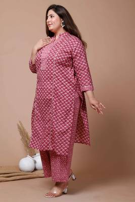 Womens Plus Size Pink Floral Printed Gotta Patti Pure Cotton Kurta with Palazzos 2