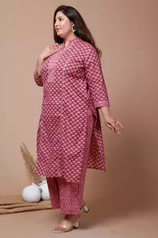 Womens Plus Size Pink Floral Printed Gotta Patti Pure Cotton Kurta with Palazzos