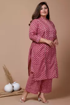 Womens Plus Size Pink Floral Printed Gotta Patti Pure Cotton Kurta with Palazzos