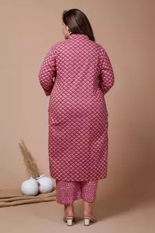 Womens Plus Size Pink Floral Printed Gotta Patti Pure Cotton Kurta with Palazzos