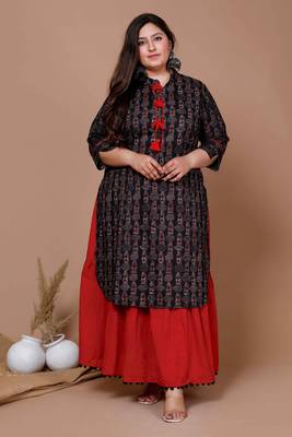 Womens Plus Size Black Printed Pure Cotton Kurta with Skirt 1