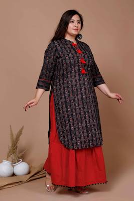 Womens Plus Size Black Printed Pure Cotton Kurta with Skirt 2