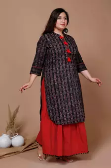 Womens Plus Size Black Printed Pure Cotton Kurta with Skirt