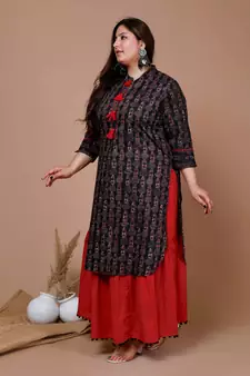 Womens Plus Size Black Printed Pure Cotton Kurta with Skirt