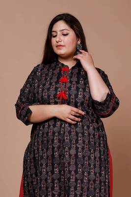Womens Plus Size Black Printed Pure Cotton Kurta with Skirt 4
