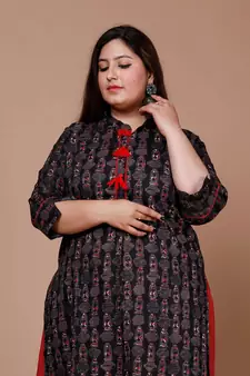 Womens Plus Size Black Printed Pure Cotton Kurta with Skirt