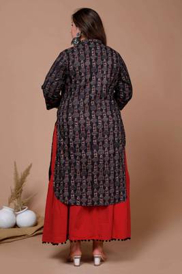 Womens Plus Size Black Printed Pure Cotton Kurta with Skirt 5