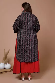 Womens Plus Size Black Printed Pure Cotton Kurta with Skirt