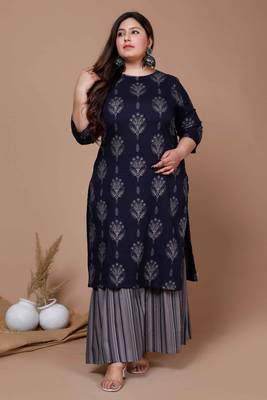 Womens Plus Size Blue & Grey Ethnic Motifs Printed Pure Cotton Kurta with Sharara 1