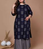 Womens Plus Size Blue & Grey Ethnic Motifs Printed Pure Cotton Kurta with Sharara