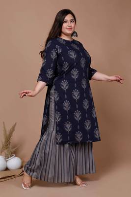 Womens Plus Size Blue & Grey Ethnic Motifs Printed Pure Cotton Kurta with Sharara 2