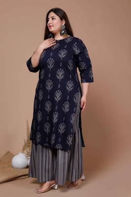 Womens Plus Size Blue & Grey Ethnic Motifs Printed Pure Cotton Kurta with Sharara 3