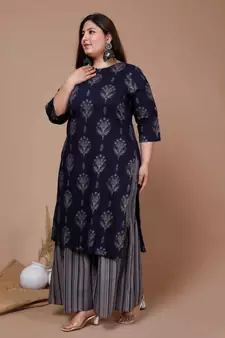Womens Plus Size Blue & Grey Ethnic Motifs Printed Pure Cotton Kurta with Sharara