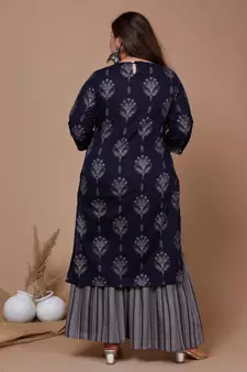 Womens Plus Size Blue & Grey Ethnic Motifs Printed Pure Cotton Kurta with Sharara