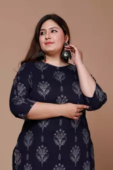 Womens Plus Size Blue & Grey Ethnic Motifs Printed Pure Cotton Kurta with Sharara