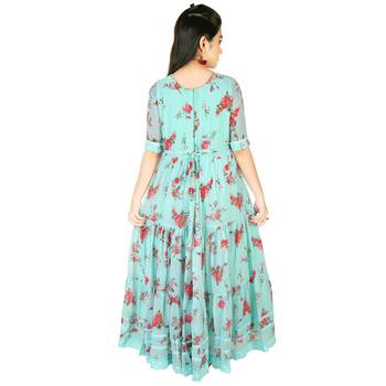 Aura Girls Sea Green printed faux Georgette Dress kids-frocks 4