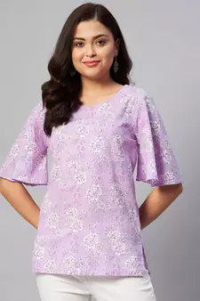 Womens Lavender-Coloured Bell Sleeve Floral Print Top