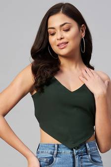 Womens Green Crop Top With Tie-Ups