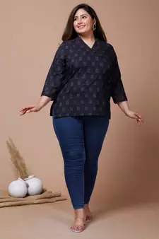 Womens Plus Size Blue Printed Indigo Top