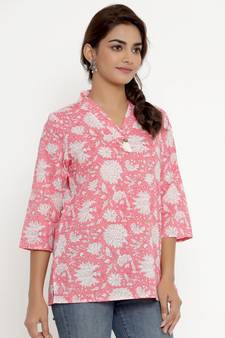 Womens' Pink & White Floral Printed Cotton Top