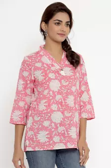 Womens' Pink & White Floral Printed Cotton Top
