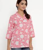 Womens' Pink & White Floral Printed Cotton Top