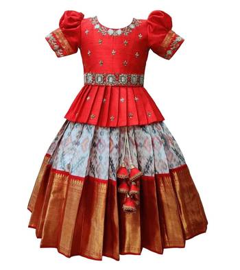 Red and Grey Dupion Silk Lehenga Choli for kids with Zari Work Embroidery 1
