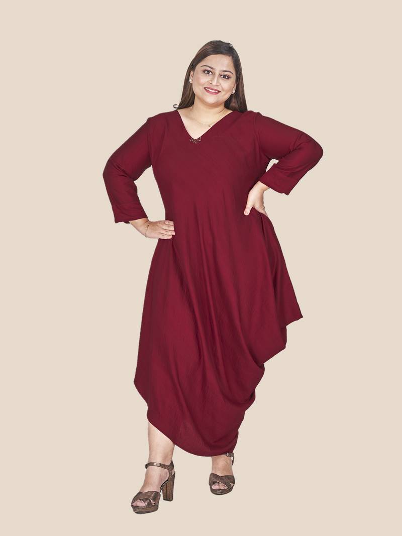 Stylish ladies drape styled sliming dress- Maroon