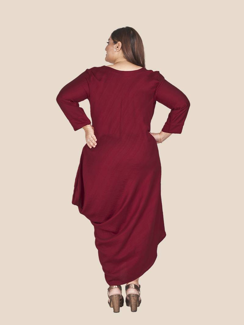 Stylish ladies drape styled sliming dress- Maroon