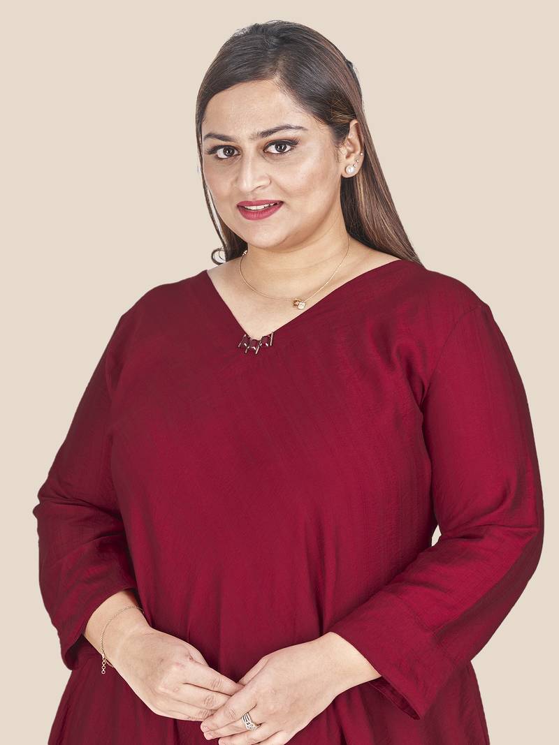 Stylish ladies drape styled sliming dress- Maroon