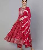 Shri Krishna Fabric Women's Rayon Bandhej Printed Embroidered Anarkali Kurti With Pant & Tie Dye Dupatta Set