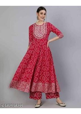 Shri Krishna Fabric Women's Rayon Bandhej Printed Embroidered Anarkali Kurti With Pant & Tie Dye Dupatta Set 3