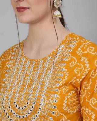 Shri Krishna Fabric Women's Rayon Bandhej Printed Embroidered Anarkali Kurti With Pant & Tie Dye Dupatta Set 3