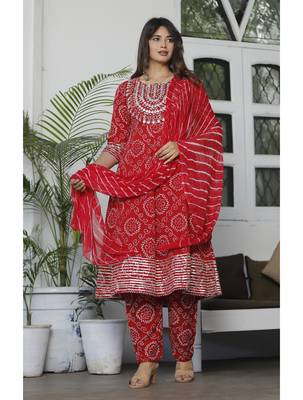 Sanganeri Bandhani/Bandhej Prined Embroidered Ethnic Anarkali Stiched Suit Set 1